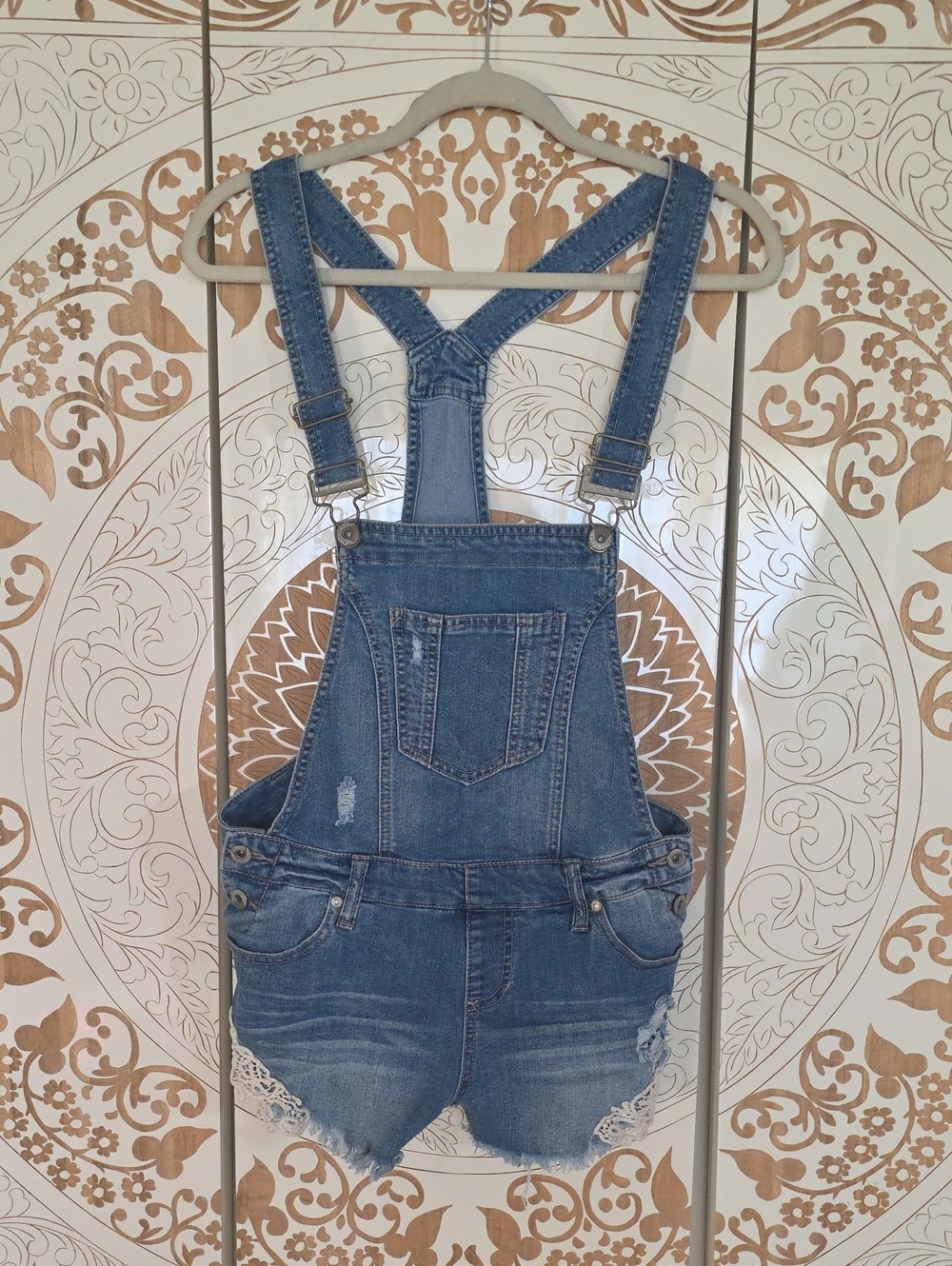 Blue Spice Denim Short Overalls with Lace Trim
